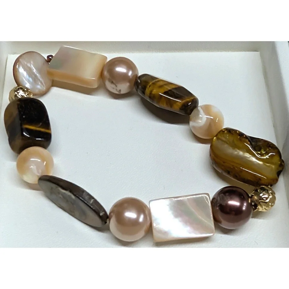 Vintage Tiger Eye Mother of Pearl‎ Stretch Bracelet Brown Earthy Beaded Beads